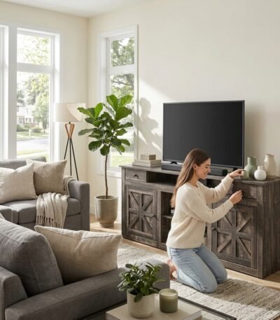 Woman styling a dark wood farmhouse entertainment center with X-brace cabinet doors in a bright living room by MMK TRADE INC.