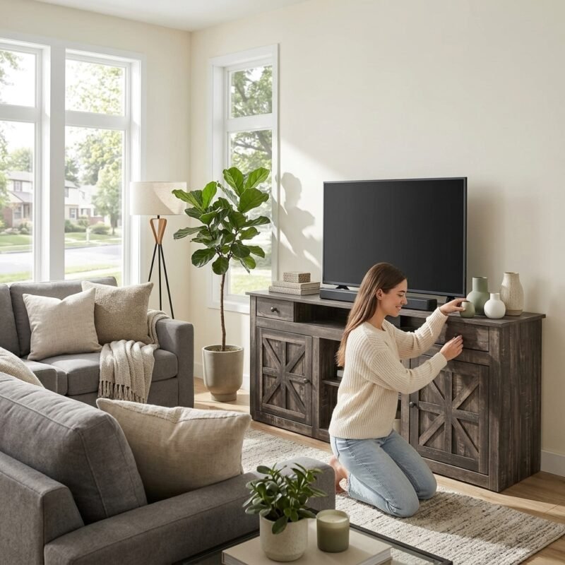 Woman styling a dark wood farmhouse entertainment center with X-brace cabinet doors in a bright living room by MMK TRADE INC.