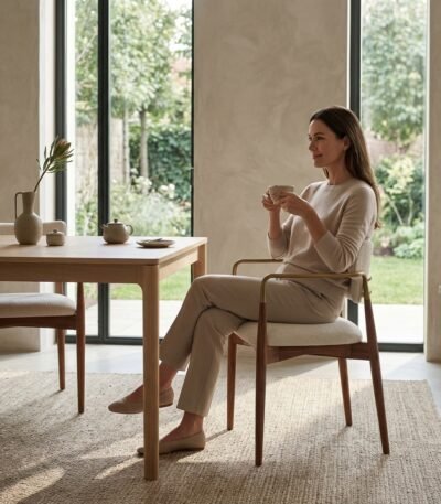 Elegant woman seated in a solid wood chenille upholstered dining armchair by MMK Furniture Makers in a sunlit interior