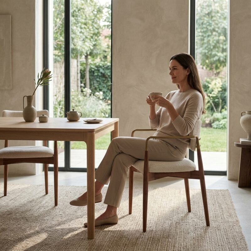 Elegant woman seated in a solid wood chenille upholstered dining armchair by MMK Furniture Makers in a sunlit interior