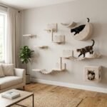 Wall-mounted plush cat climbing tree set with bridge and moon hammock by MMK Furniture Makers