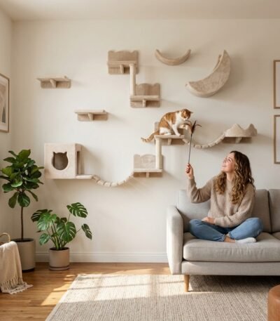 Pet owner interacting with cat playing on custom wall climbing shelves in modern living room