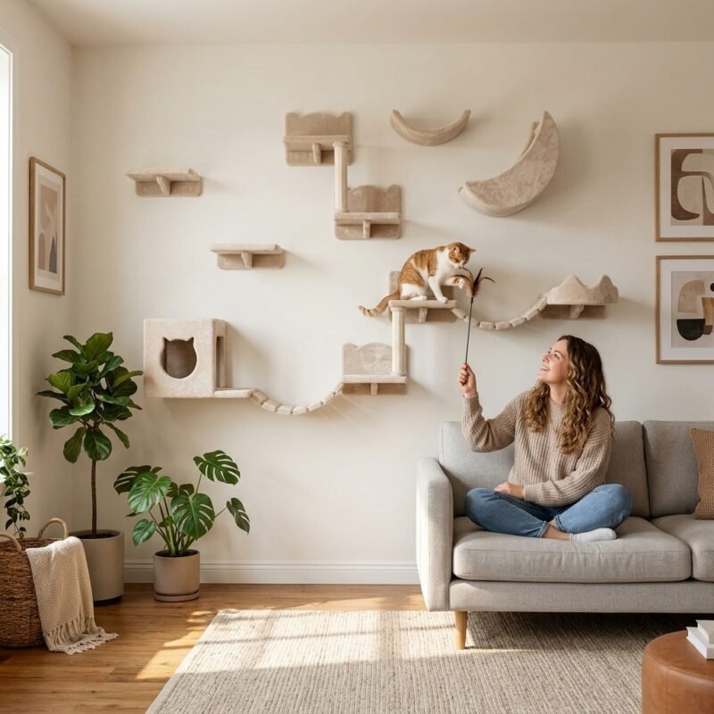Pet owner interacting with cat playing on custom wall climbing shelves in modern living room