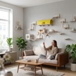 Pet owner interacting with cat on MMK Furniture modular wall mounted cat climbing shelves in contemporary home