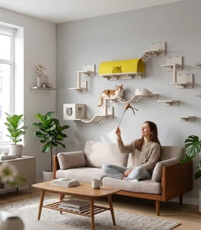 Pet owner interacting with cat on MMK Furniture modular wall mounted cat climbing shelves in contemporary home