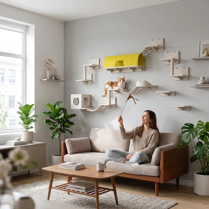 Pet owner interacting with cat on MMK Furniture modular wall mounted cat climbing shelves in contemporary home