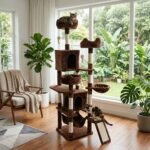 Multi-level brown plush cat tree tower with condos and scratching posts in a modern living room by MMK Furniture Makers