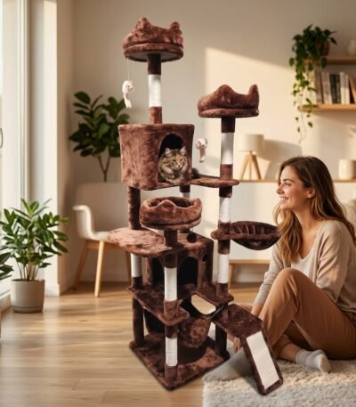Pet owner relaxing next to a multi-tier plush cat climbing tree and condo manufactured by MMK Trade Inc
