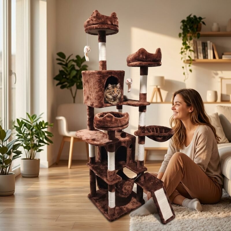Pet owner relaxing next to a multi-tier plush cat climbing tree and condo manufactured by MMK Trade Inc