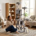 Woman playing with a cat on an OEM multi-level grey plush cat climbing frame at home