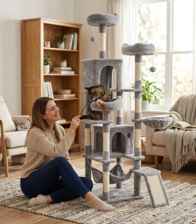 Woman playing with a cat on an OEM multi-level grey plush cat climbing frame at home