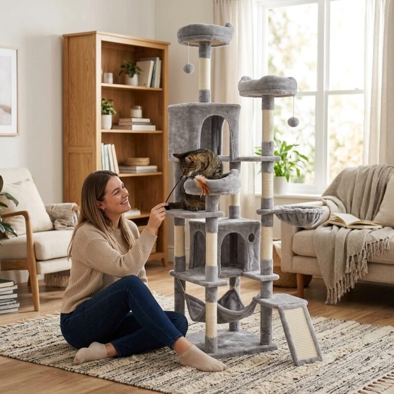 Woman playing with a cat on an OEM multi-level grey plush cat climbing frame at home