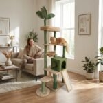 Wholesale modern palm tree cat condo tower by MMK Furniture Makers in a sunlit living room with owner and cat