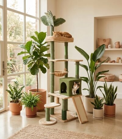 Multi-tier tropical cat climbing tree with scratching posts and condo house for pet furniture wholesale by MMK TRADE INC
