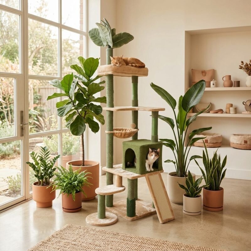 Multi-tier tropical cat climbing tree with scratching posts and condo house for pet furniture wholesale by MMK TRADE INC