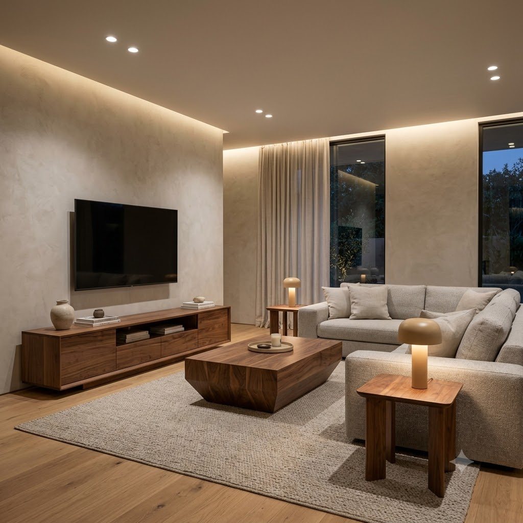 A fully matched living room set featuring a solid wood TV stand, a matching coffee table, and two side tables in a modern interior.