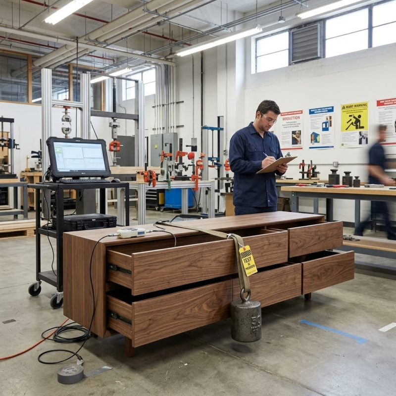 Factory quality control testing showing a heavy weight applied to the open drawers of a commercial TV stand to verify ASTM F2057 anti-tip compliance.