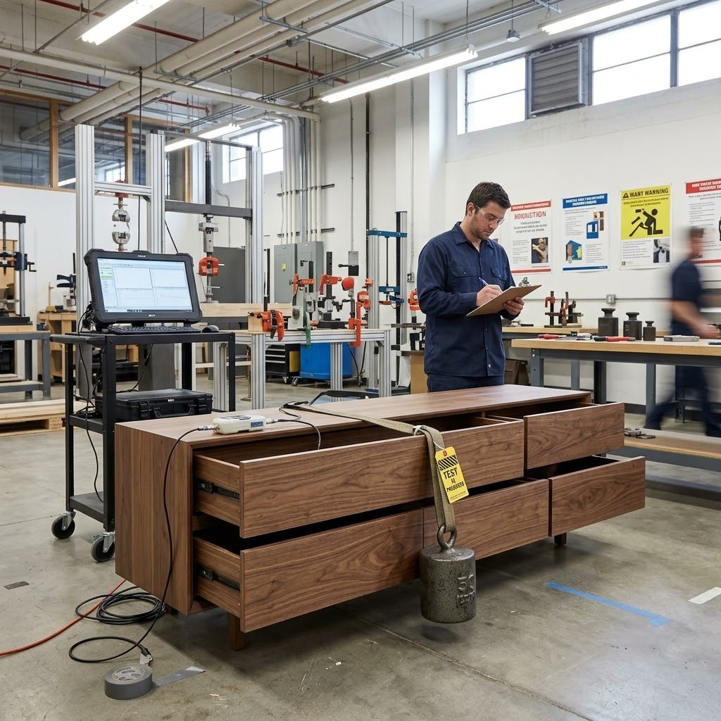 Factory quality control testing showing a heavy weight applied to the open drawers of a commercial TV stand to verify ASTM F2057 anti-tip compliance.