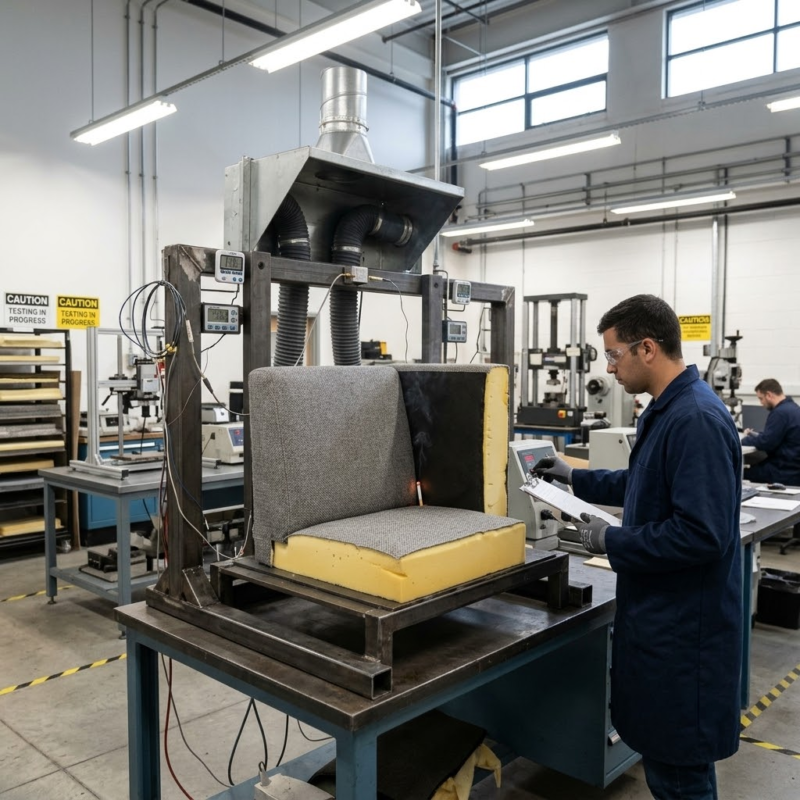 A laboratory setting showing a smoldering cigarette test being conducted on the fabric and foam of a commercial sofa to ensure CAL 117-2013 compliance.