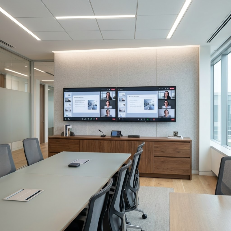 A sleek solid walnut commercial AV credenza sitting beneath a large dual-screen video conferencing setup in a modern corporate boardroom.