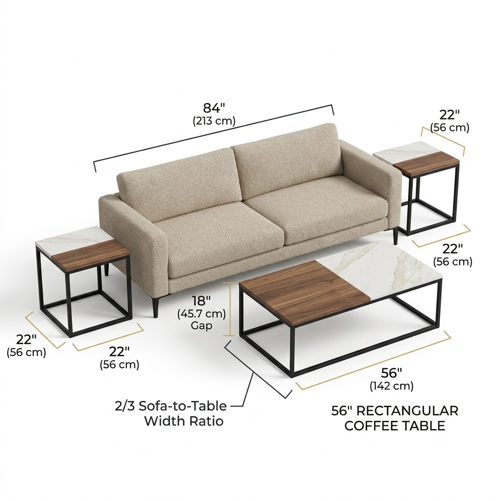 Architectural diagram of a 56-inch commercial walnut coffee table paired with an 84-inch wholesale sofa showing the 2/3 width ratio and 18-inch leg clearance.