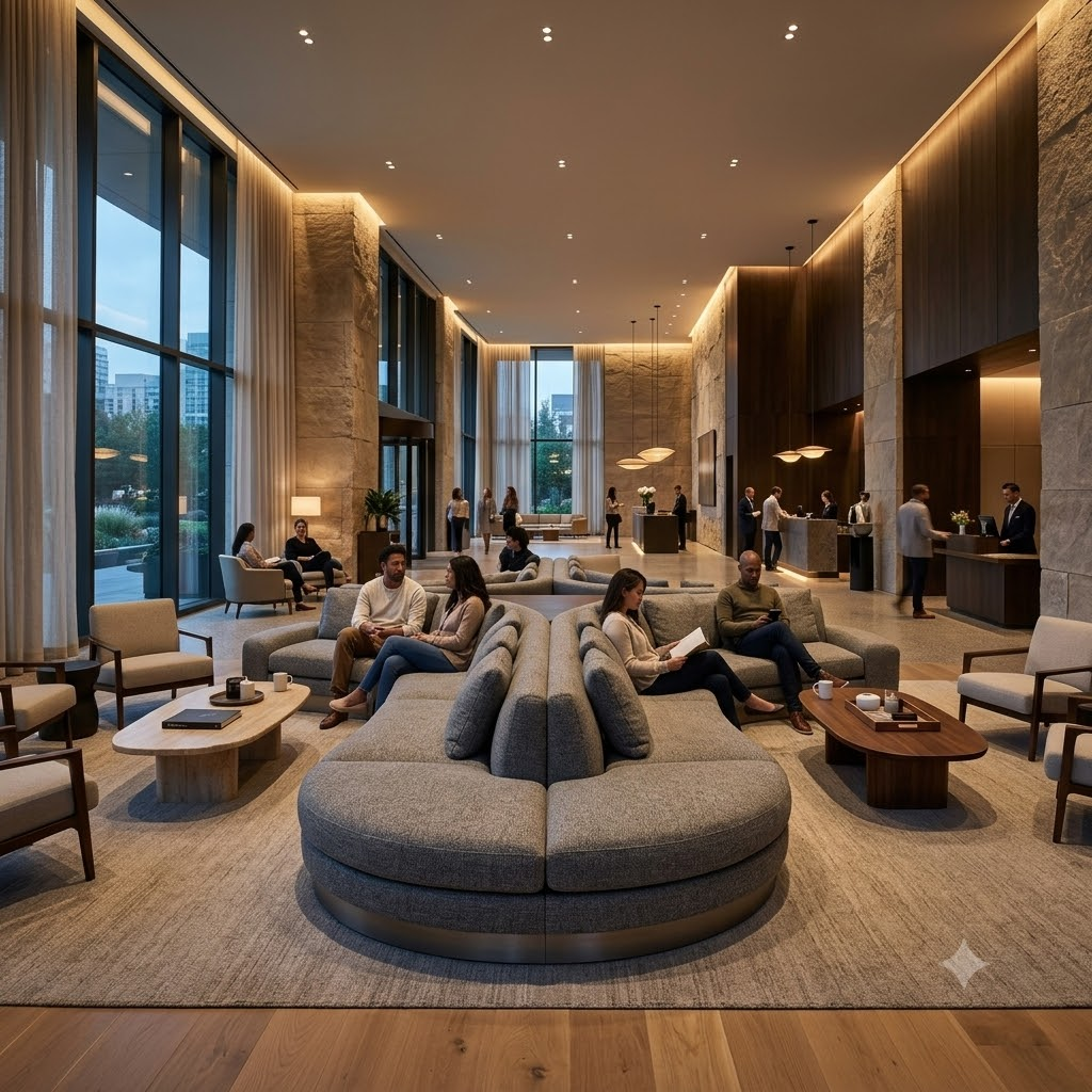 A wide view of a luxury hotel lobby featuring modern commercial lounge seating and modular wholesale sofas in a high-traffic amenity space.