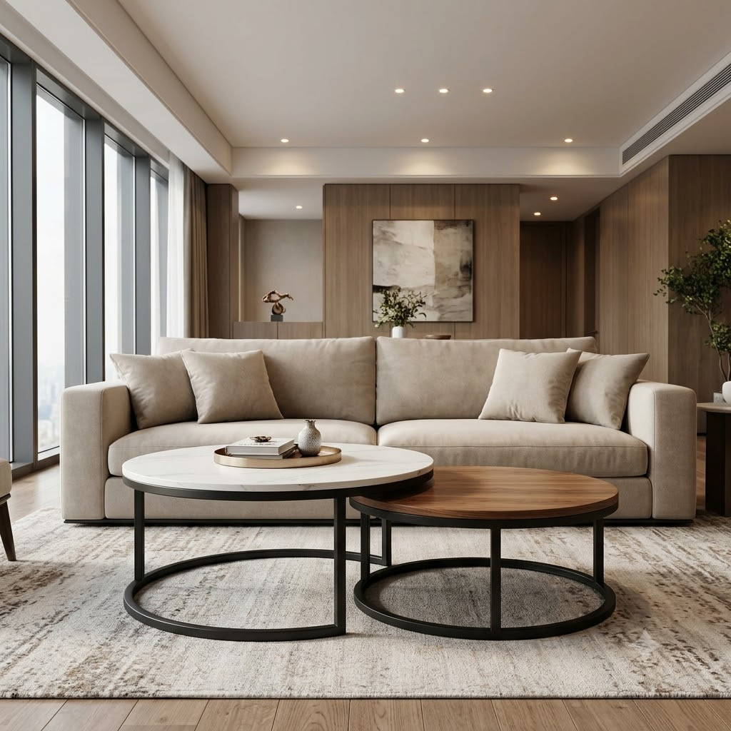 A pair of round commercial nesting coffee tables with sintered stone and walnut tops arranged in front of a hospitality sofa in a luxury hotel suite.