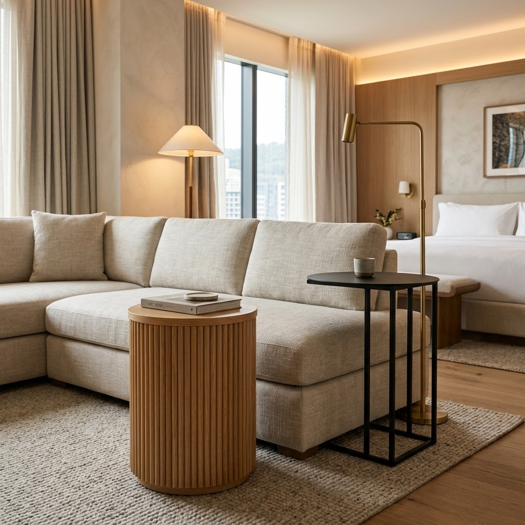 Modern luxury hotel guestroom featuring a fluted wood wholesale side table and an integrated power C-table next to a lounge sofa.