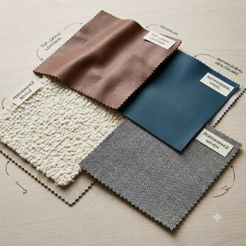 Close up of four commercial sofa upholstery swatches including top-grain leather, performance bouclé, commercial vinyl, and crypton fabric.