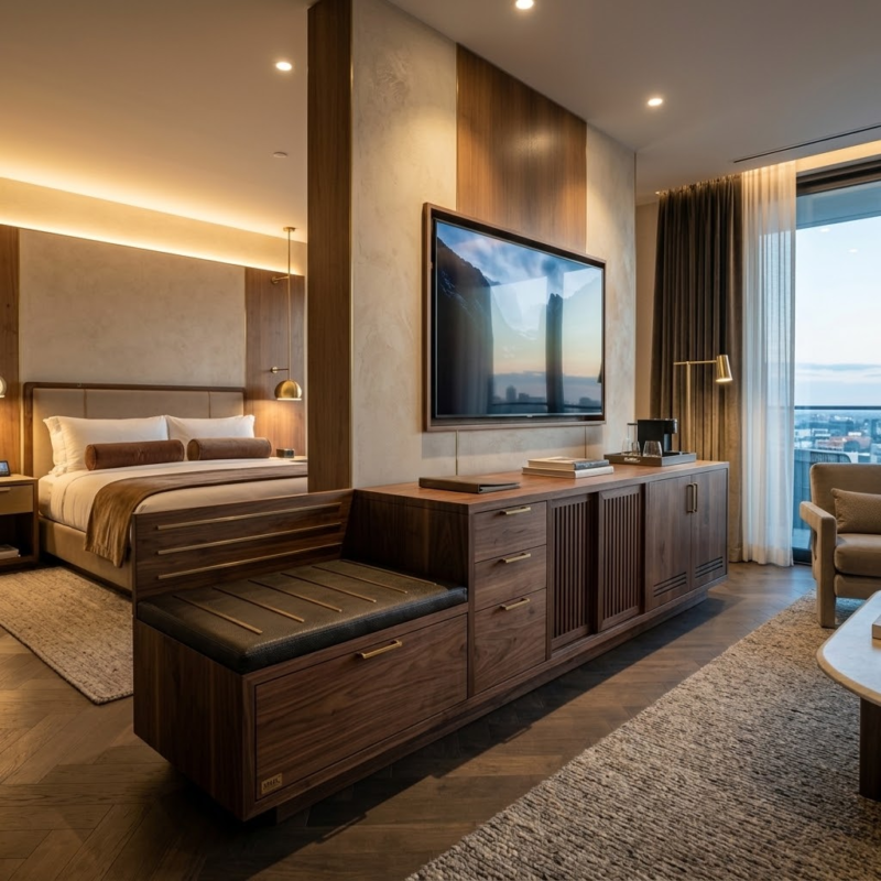 Contract-grade commercial TV stand and media credenza featuring a luggage bench and mini-fridge enclosure in a modern hospitality guestroom.