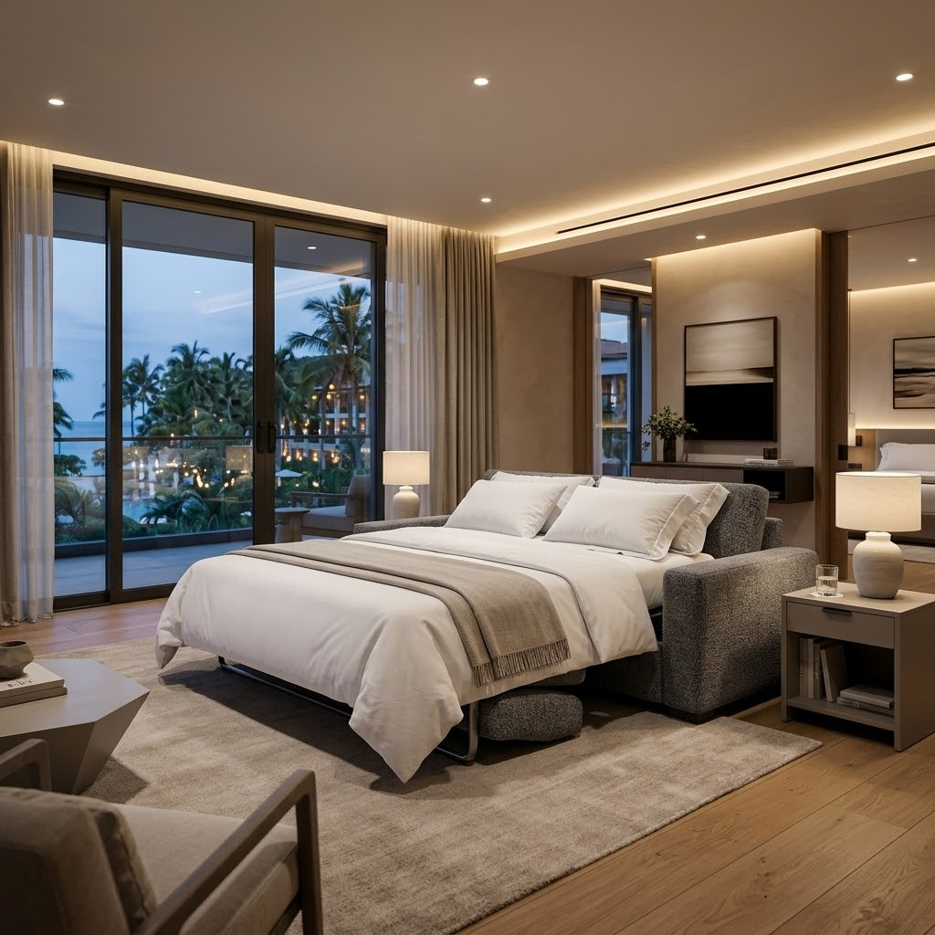 A high-end commercial pull-out couch fully extended into a queen-size bed in a modern luxury resort guestroom.