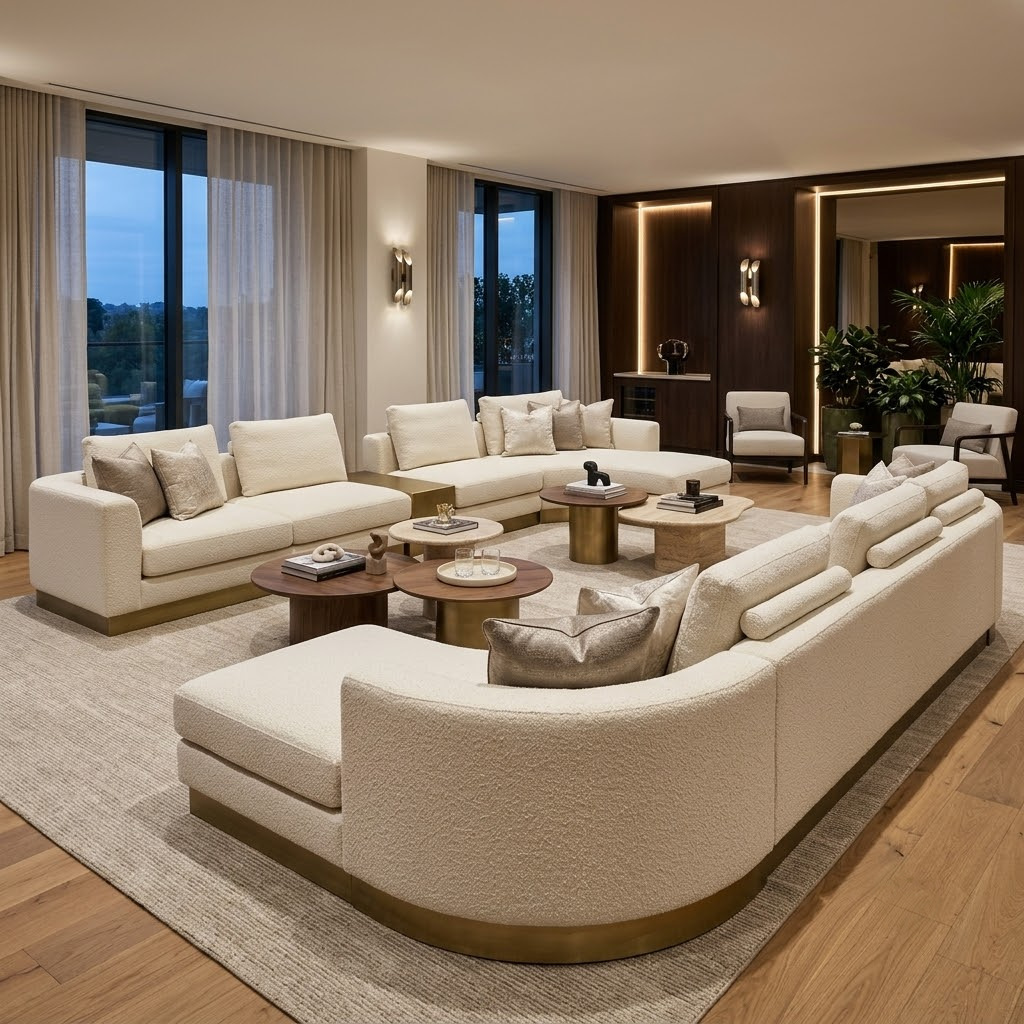 A high-end luxury hotel VIP lounge featuring custom wholesale sofas and commercial couches with performance bouclé fabric.