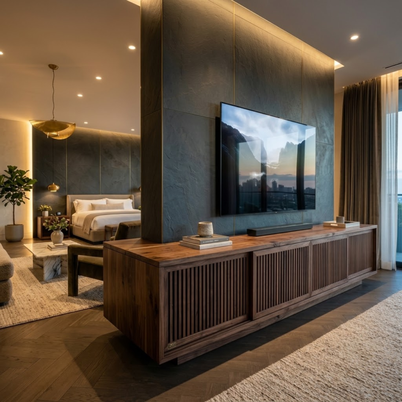 A heavy-duty commercial TV stand featuring solid wood slat doors, supporting an 85-inch flat screen TV in a luxury hotel suite.