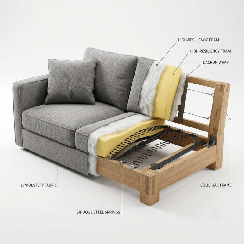 A technical 3D cutaway of a commercial sofa revealing its kiln-dried hardwood frame, 8-gauge sinuous springs, and high-resiliency foam cushions.