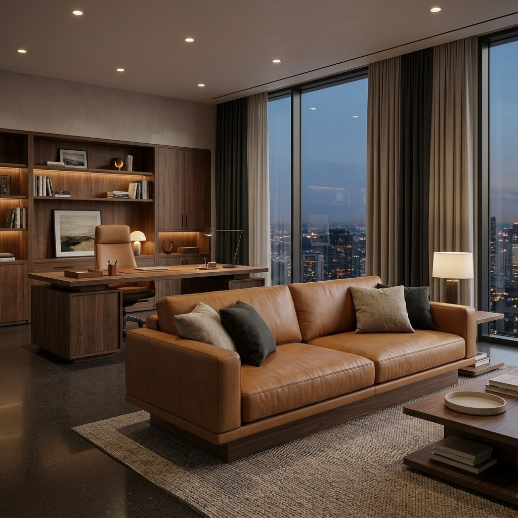 A luxurious executive office featuring a top-grain leather sofa perfectly coordinated with a solid walnut executive desk.