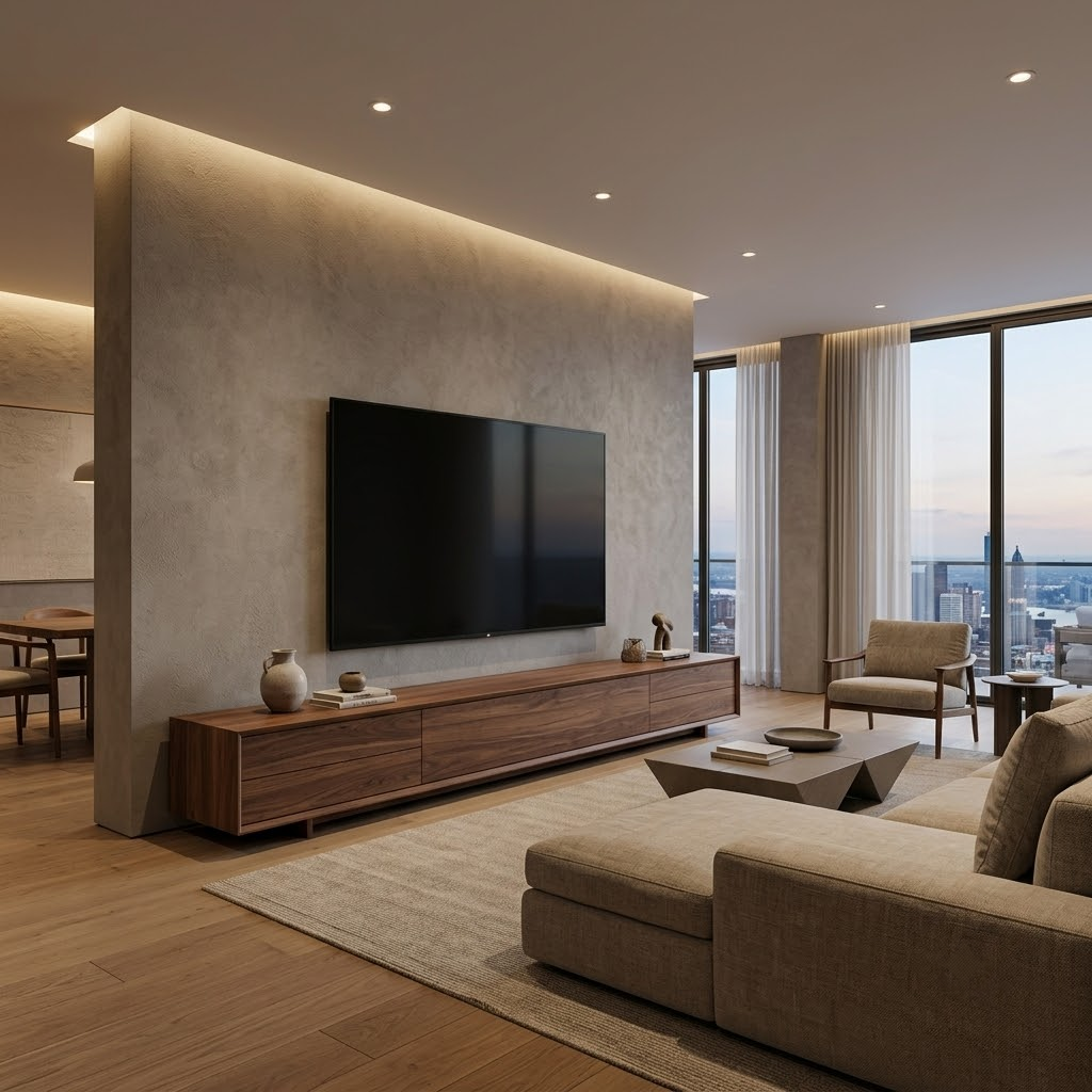 A luxurious extra-long solid wood media console supporting a massive 85-inch flat screen TV in a modern hotel penthouse suite.