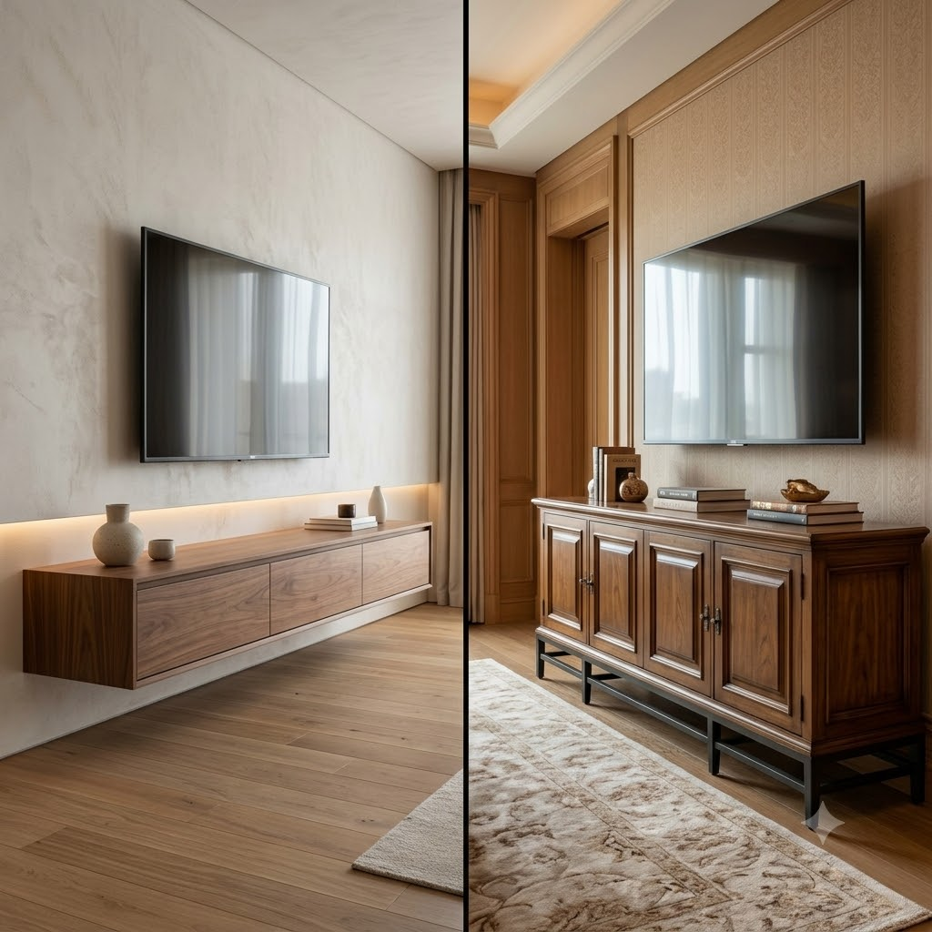 A split-screen interior design visual showing a modern floating wall-mounted TV stand on the left and a traditional freestanding commercial TV cabinet on the right in a hotel room.
