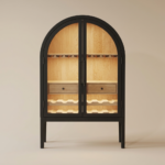 Arched Black Solid Oak Wine Cabinet with Glass Doors