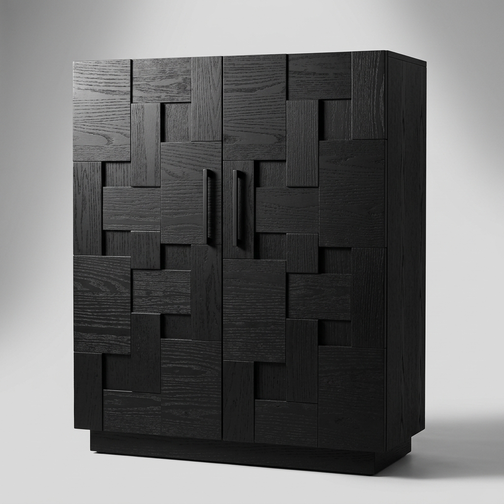 01 HEFTBR-8009 Modern Black Geometric Puzzle-Design Wine Cabinet - Image 1