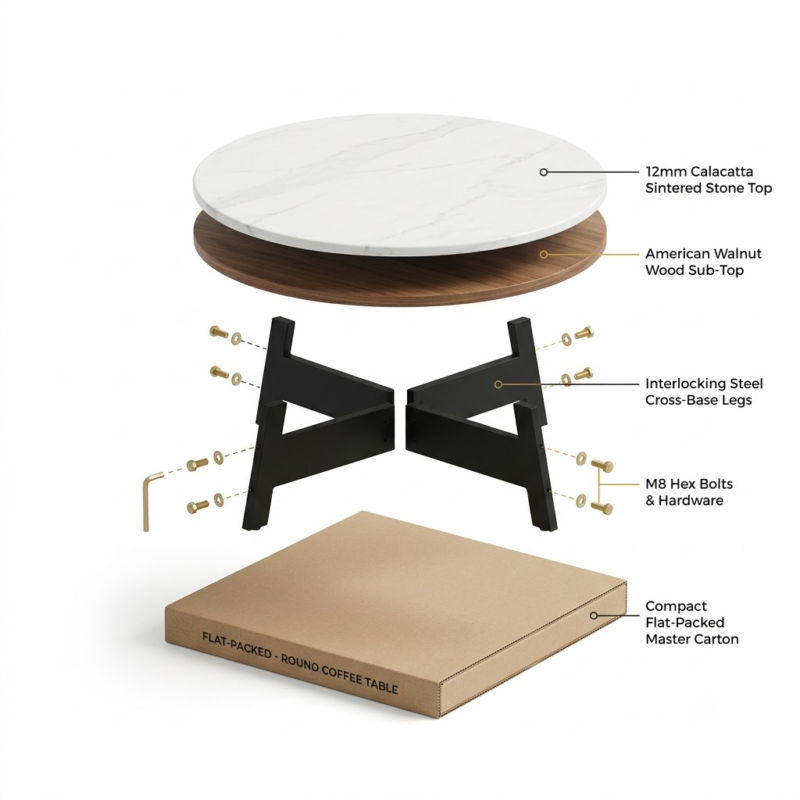 3D exploded engineering diagram of a flat-pack wholesale coffee table showing a sintered stone top, folding X-frame steel legs, and compact master carton.
