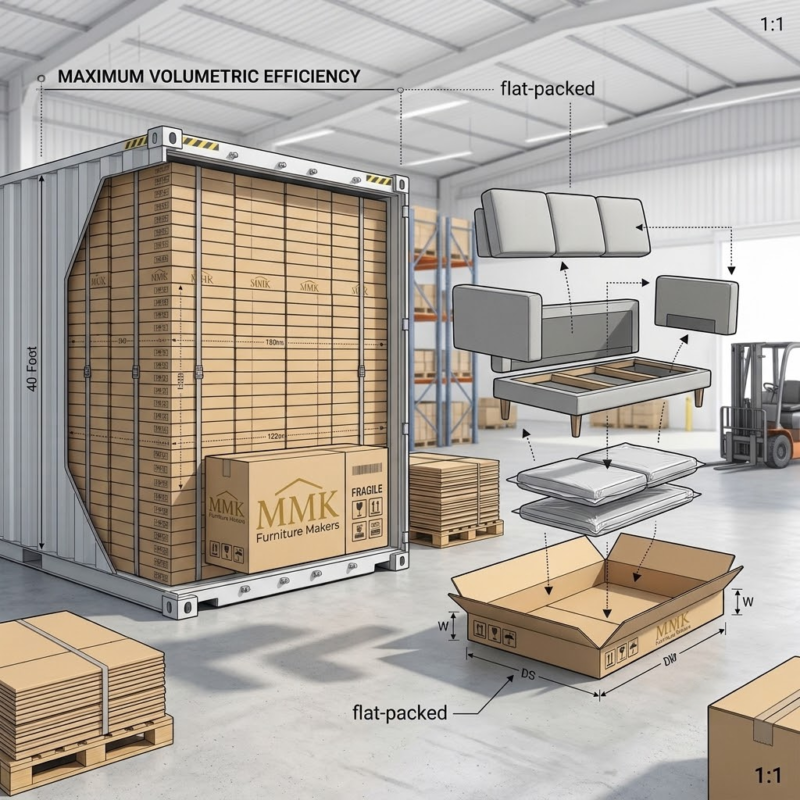 A 3D logistics comparison showing a 40HQ container loaded with vacuum-compressed box-packed RTA sofas versus fully assembled couches.