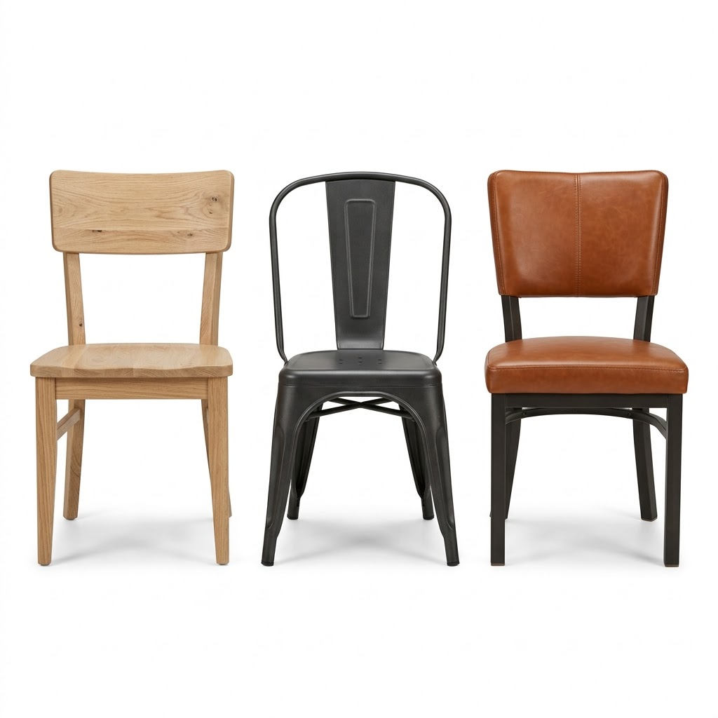 Three commercial dining chairs lined up: a solid wood chair, a black metal frame chair, and a fully upholstered chair for US hospitality venues.