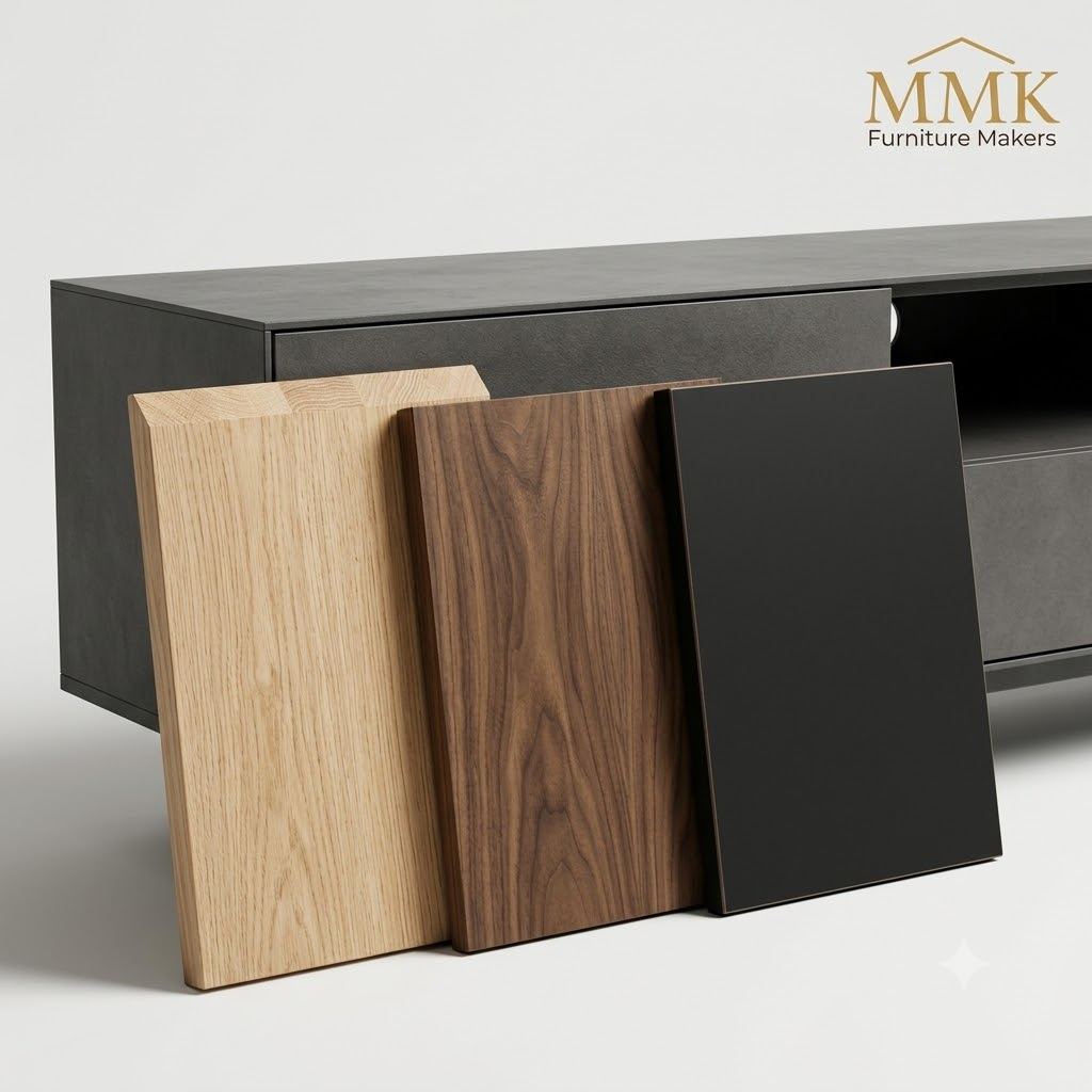 Three different material samples of commercial TV stands including solid white oak, walnut veneer, and industrial HPL.