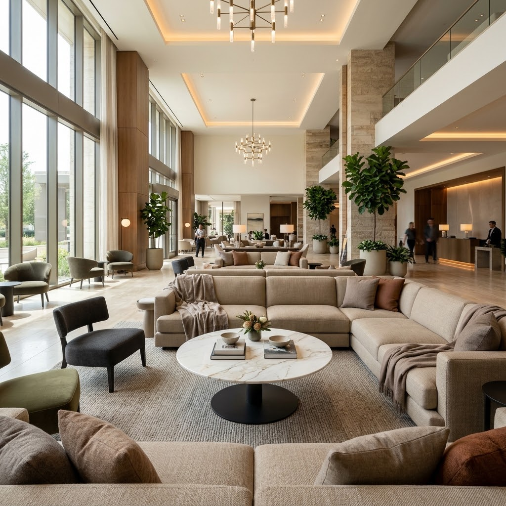 A large custom round sintered stone coffee table centered in front of modular commercial sofas in a luxury hotel lobby.
