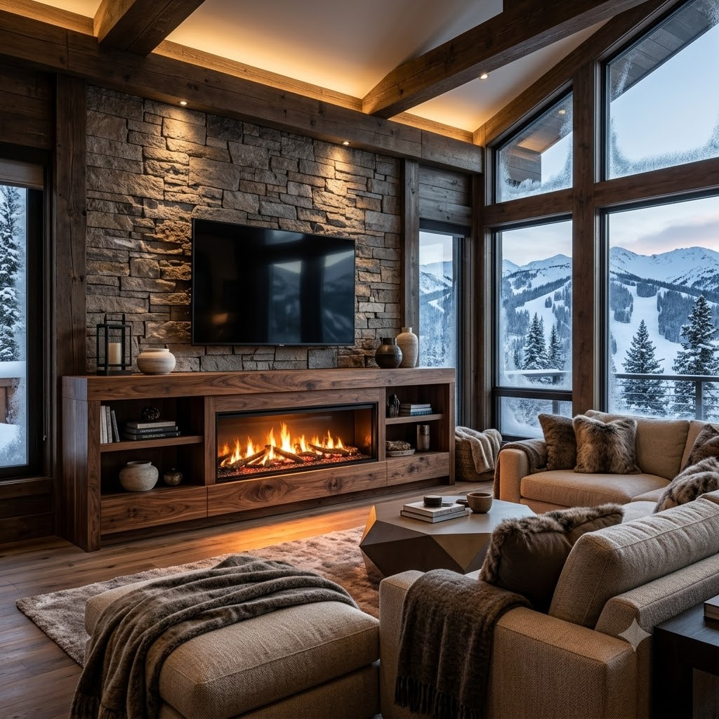 A custom commercial fireplace TV stand featuring a glowing electric insert and modern wood finish in a luxury ski resort lounge.
