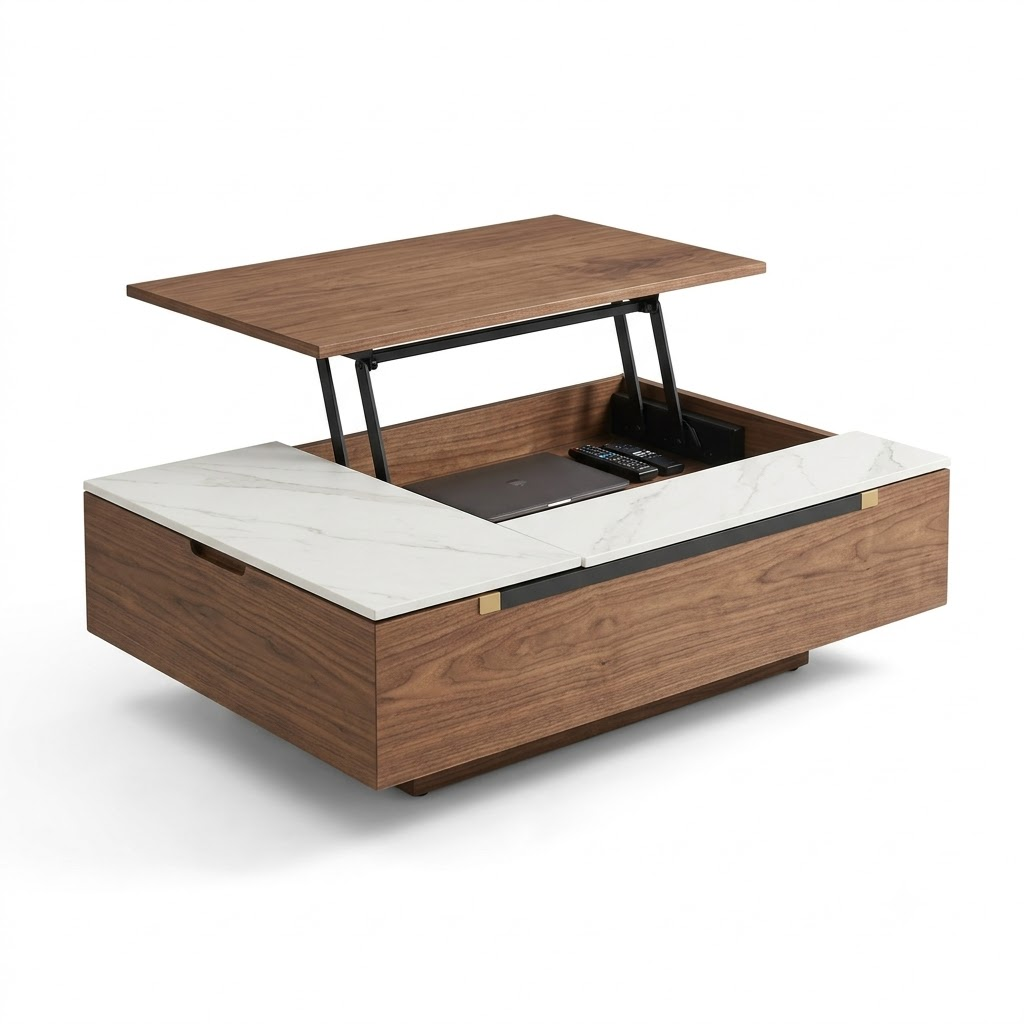 A modern American walnut and sintered stone wholesale lift-top coffee table elevated to laptop working height in front of a commercial sofa.