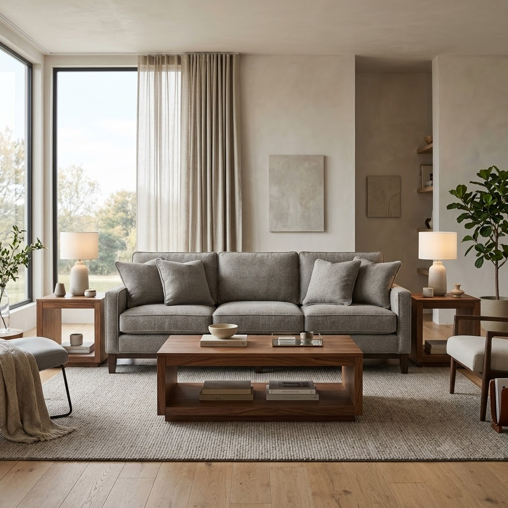 A perfectly proportioned living room set featuring a commercial wholesale sofa, a matching coffee table, and two flanking end tables.