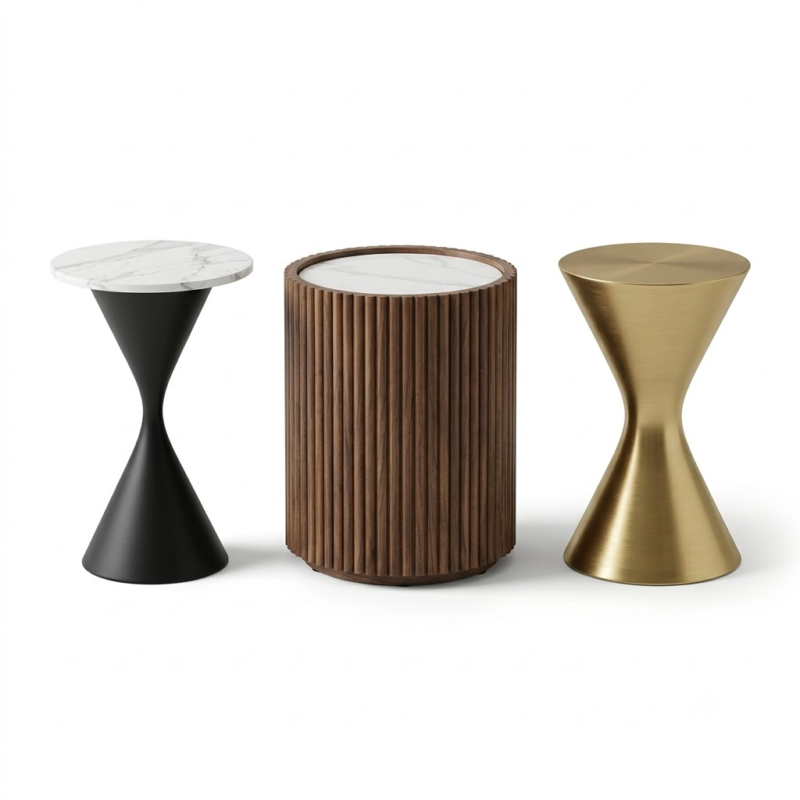 Studio trio of wholesale accent tables including a white sintered stone pedestal martini table, a fluted walnut drum end table, and a brushed champagne gold spun metal accent table.