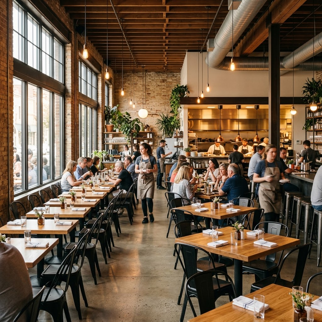 Modern US fast-casual restaurant interior showing bulk restaurant dining tables and stackable commercial dining chairs arranged for optimal server aisle clearance.