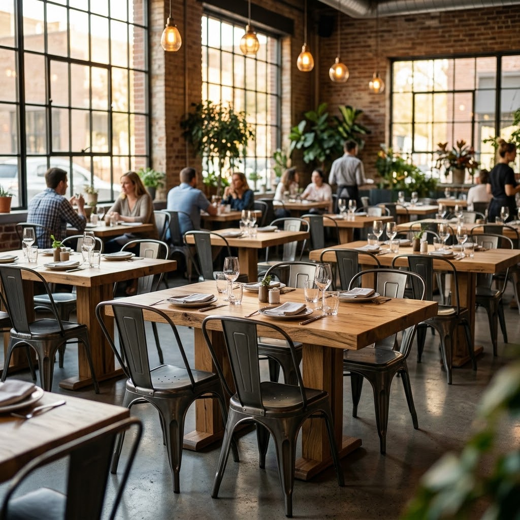 Interior view of a high-traffic US restaurant outfitted with custom wood dining tables and wholesale dining chairs from MMK Furniture Makers.